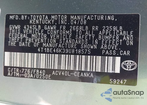 2009 Toyota Camry Se/Le/Xle из США, поврежденный, VIN 4T1BE46K39U818575